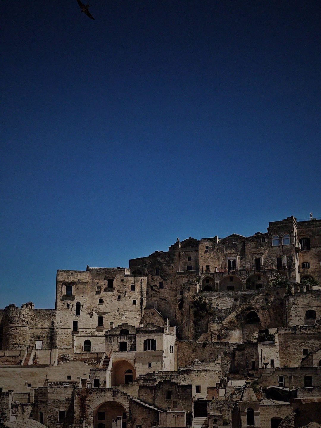 The stone cave houses of the Sassi of Matera climb a hillside under a deep blue evening sky, a single bird above.